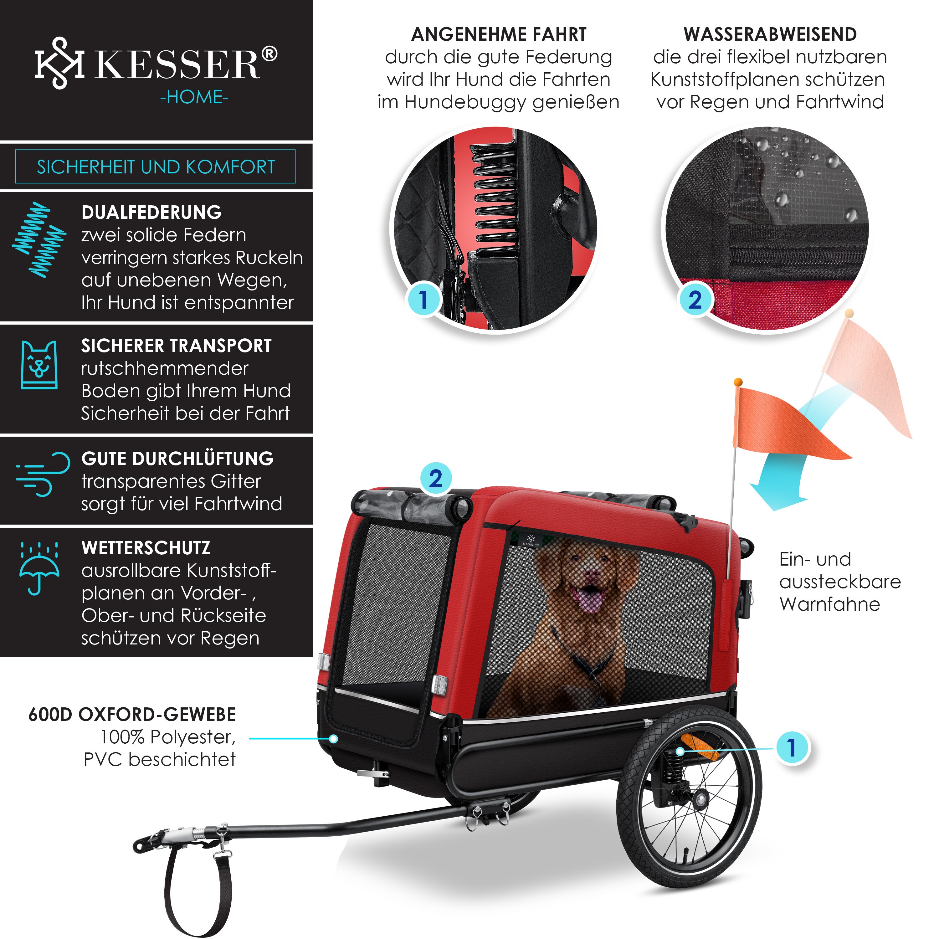 KESSER® Hundeanhänger Boxer 3-in-1 Hundebuggy & Jogger Fahrradanhänger groß ca. 240 Liter Volumen, gefedert, Material: 600D Oxford Canvas, SmartSpace Concept, maximale Belastbarkeit: 40 kg