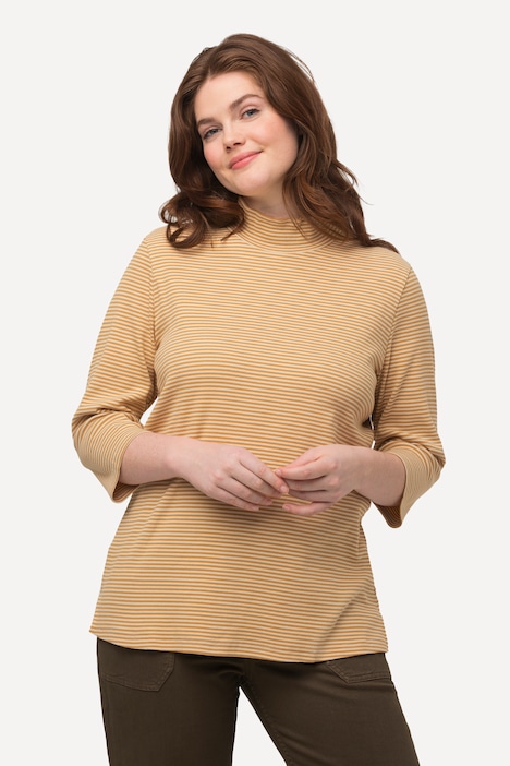 Shirt, Ringel, Stehkragen, Slim, 3/4-Arm, Biobaumwolle