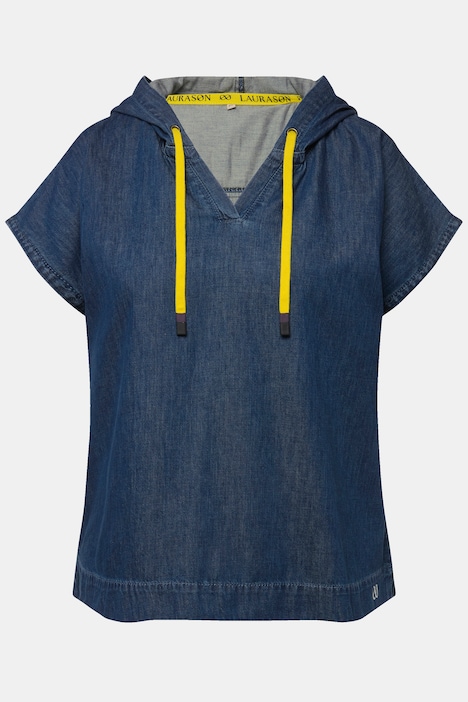 Jeansbluse, Kapuze, V-Ausschnitt