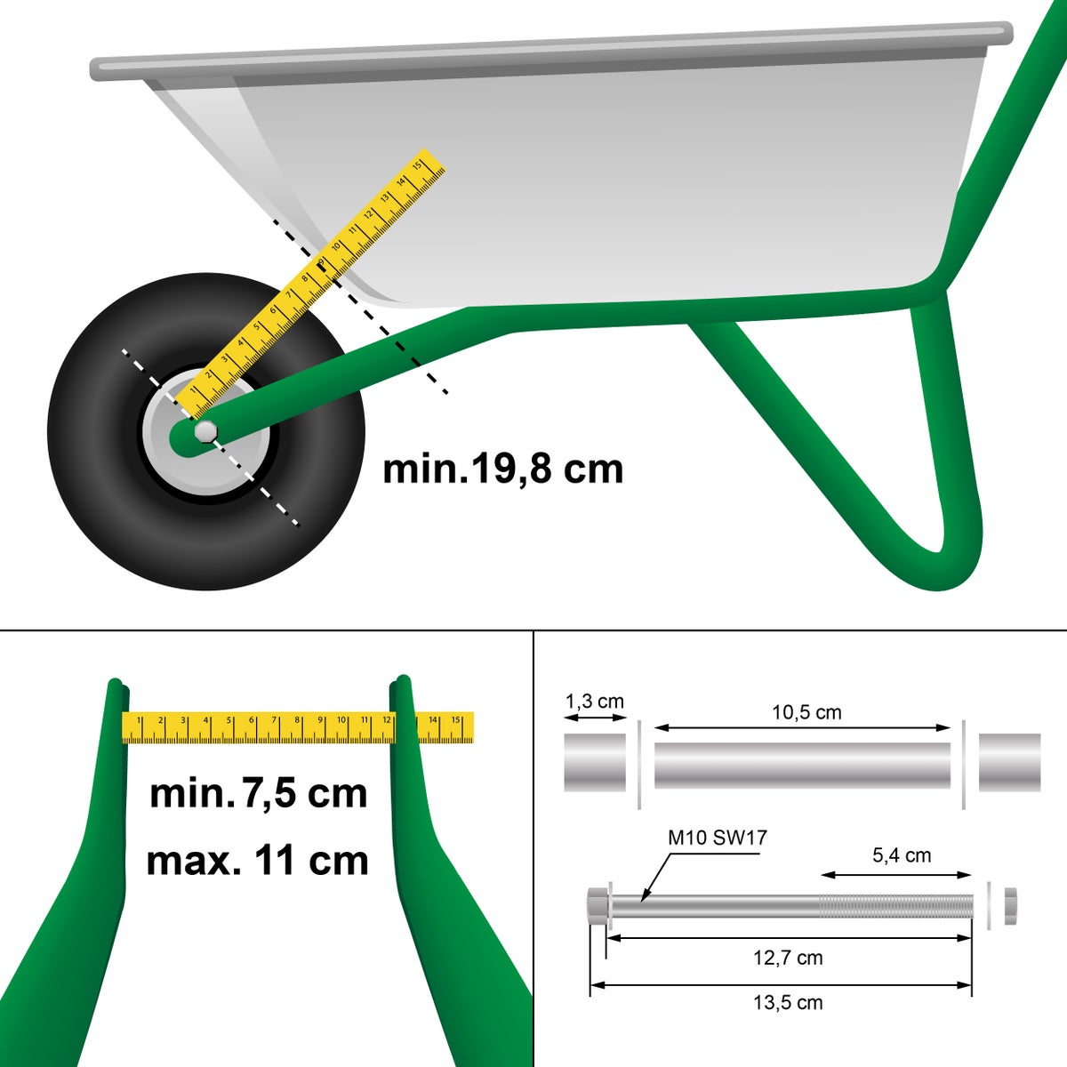 ECD Germany 4-delige kruiwagenwielenset van lekvrij massief PU-rubber, reservewiel met as, 4.80/4.00-8, diameter 390 mm, zwart, 200 kg, band met stalen velg voor kruiwagens en tuinkarren