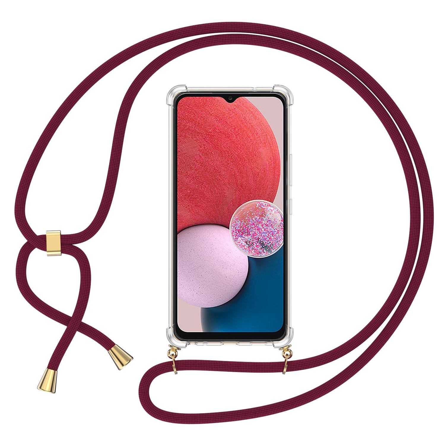 Samsung Galaxy A13 Necklace Gummi Hülle Air Cushion Fallschutz   Handykette (150cm) - Dunkelrot / Gold