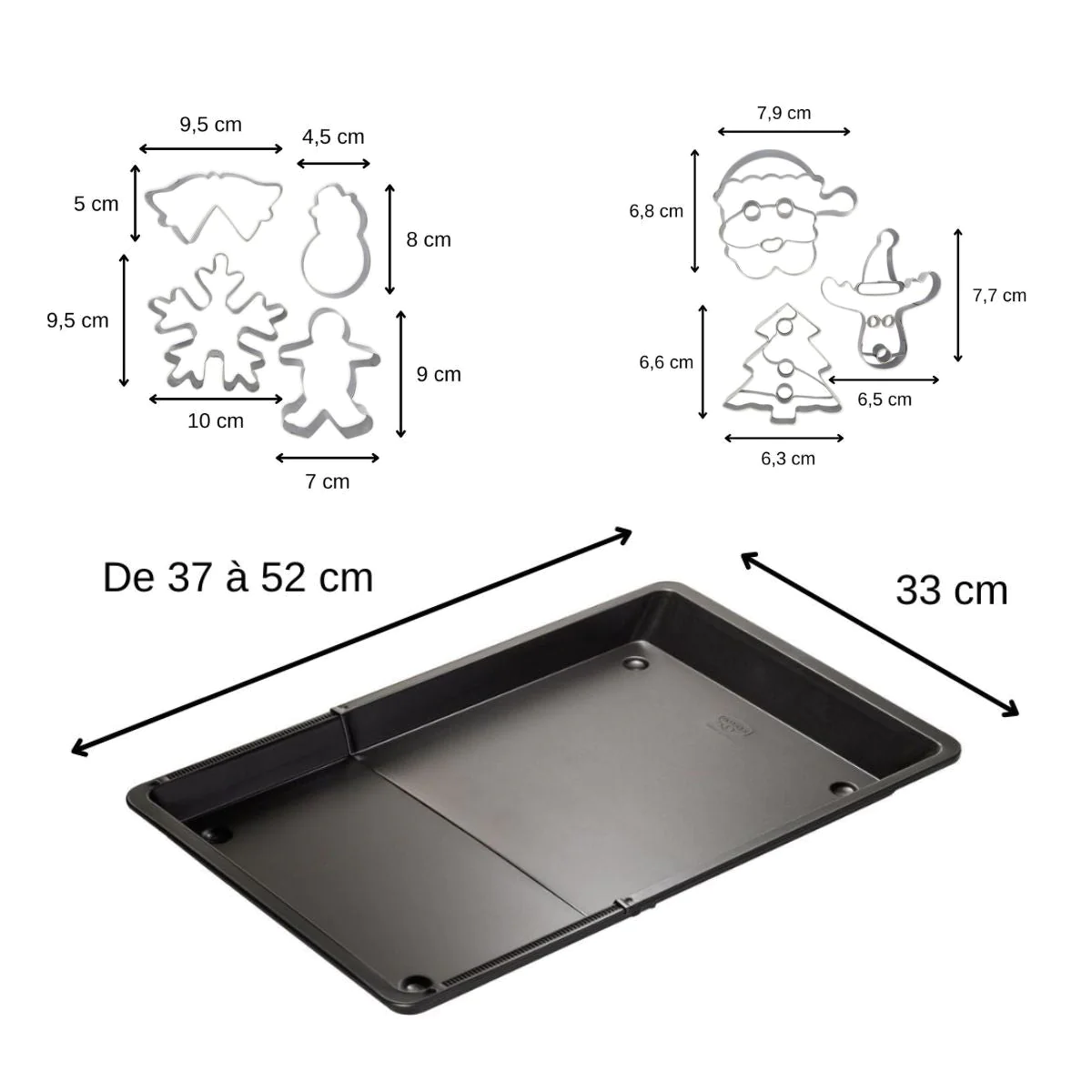Plaque de four extensible de 36,5 à 52 x 33 cm et 7 emporte-pièces de