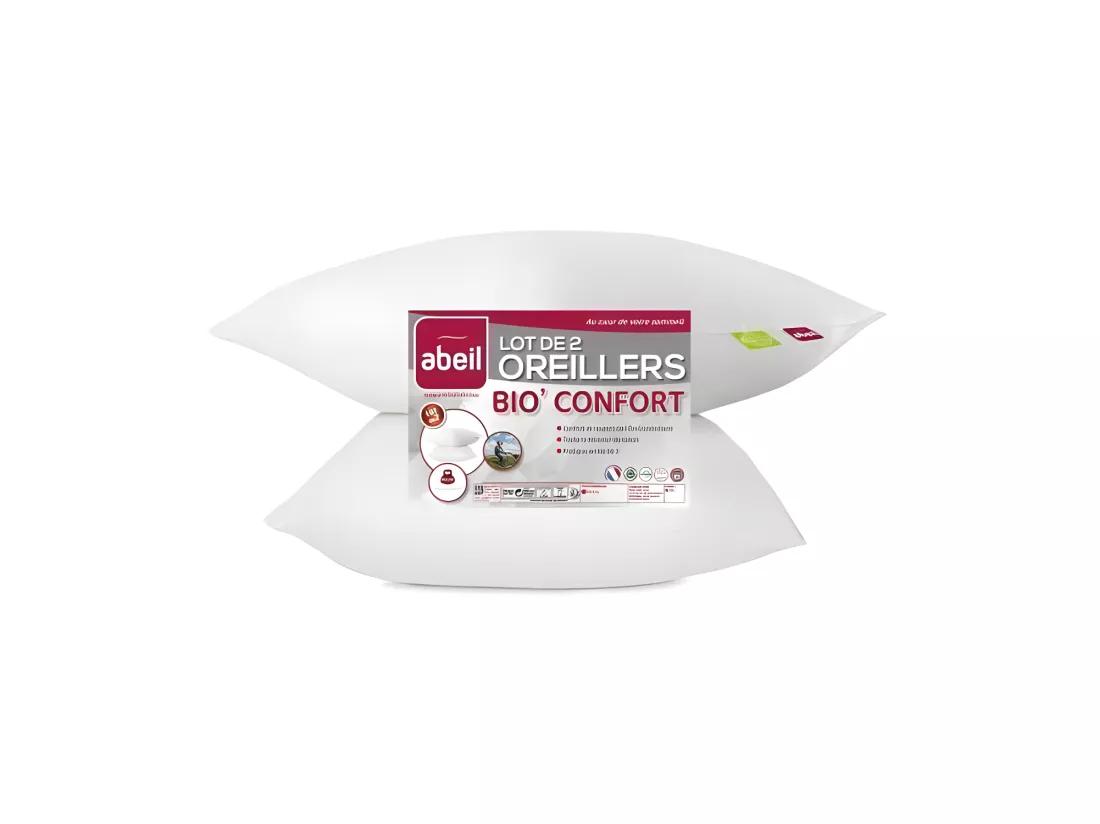 ABEIL Lot de 2 Oreillers Bio Confort - 60 x 60 cm - Blanc