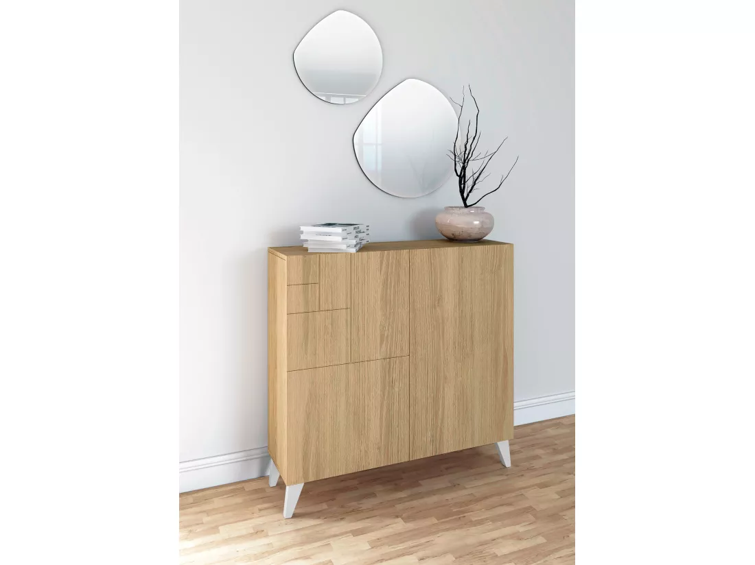 Meuble à chaussures/rangement - H87cm x L90cm x P27cm chêne dore pieds blanc – Bergen