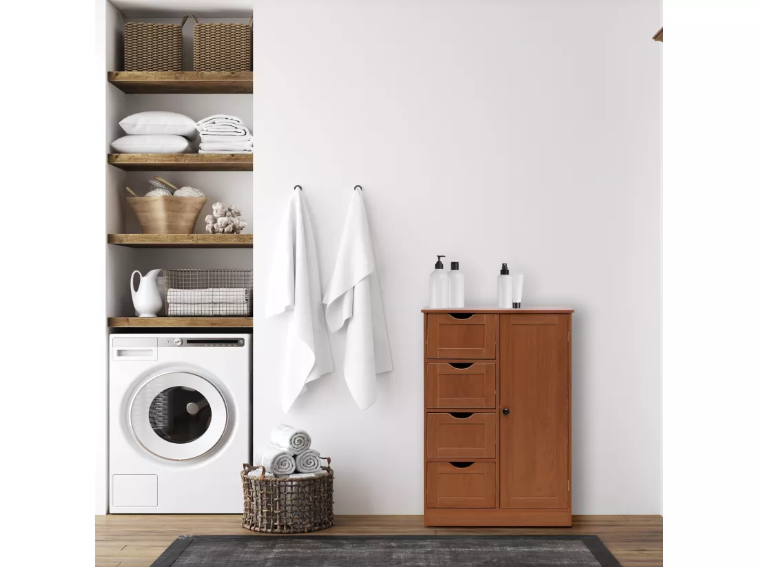 Meuble de salle de bain 4 Tiroirs 1 Porte en Bois brun