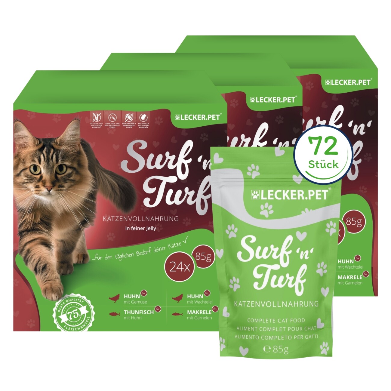 Lyra Pet Lecker.Pet Surf'n'Turf Pouches Katzenfutter in feiner Jelly Nassfutter 4er Mix Multipack