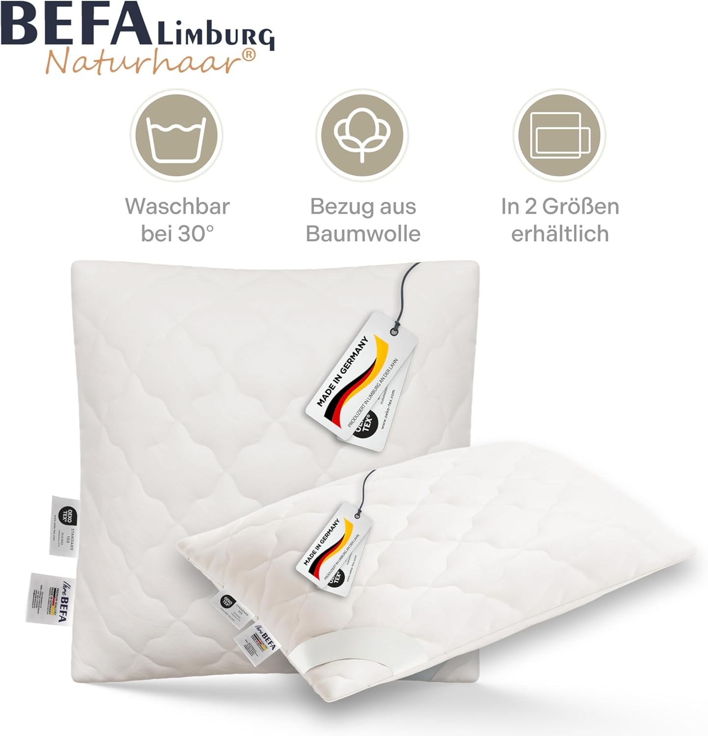 BEFA NATUR Kamelhaar Kopfkissen 40x80 cm, 100% Kamelhaarfüllung, Bezug aus Baumwolle, Oeko-TEX Klasse 1, Made in Germany, allergikerfreundlich