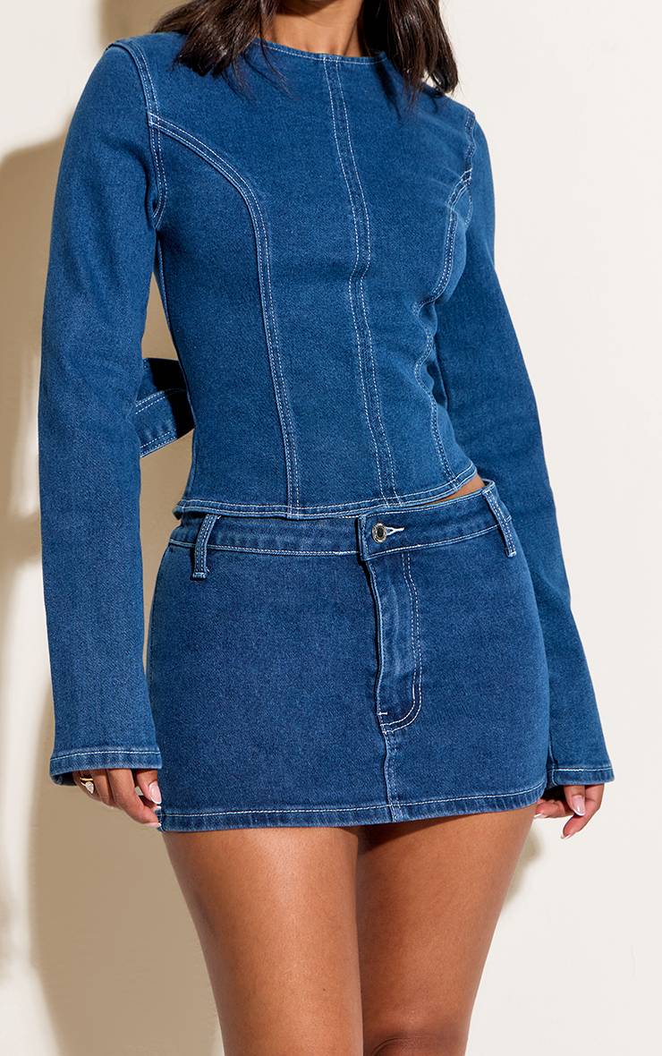 Mid Blue Wash Mini-jupe En Denim À Surpiqûres Contrastées Petite