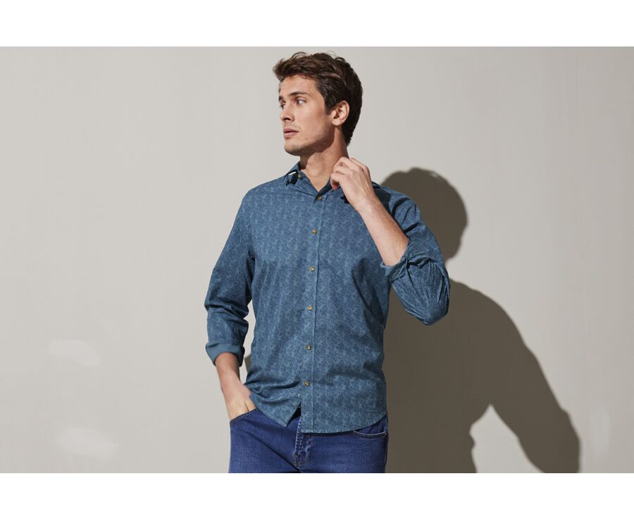 Chemise coton lin homme verte à motif tropical bleu - GOBERT