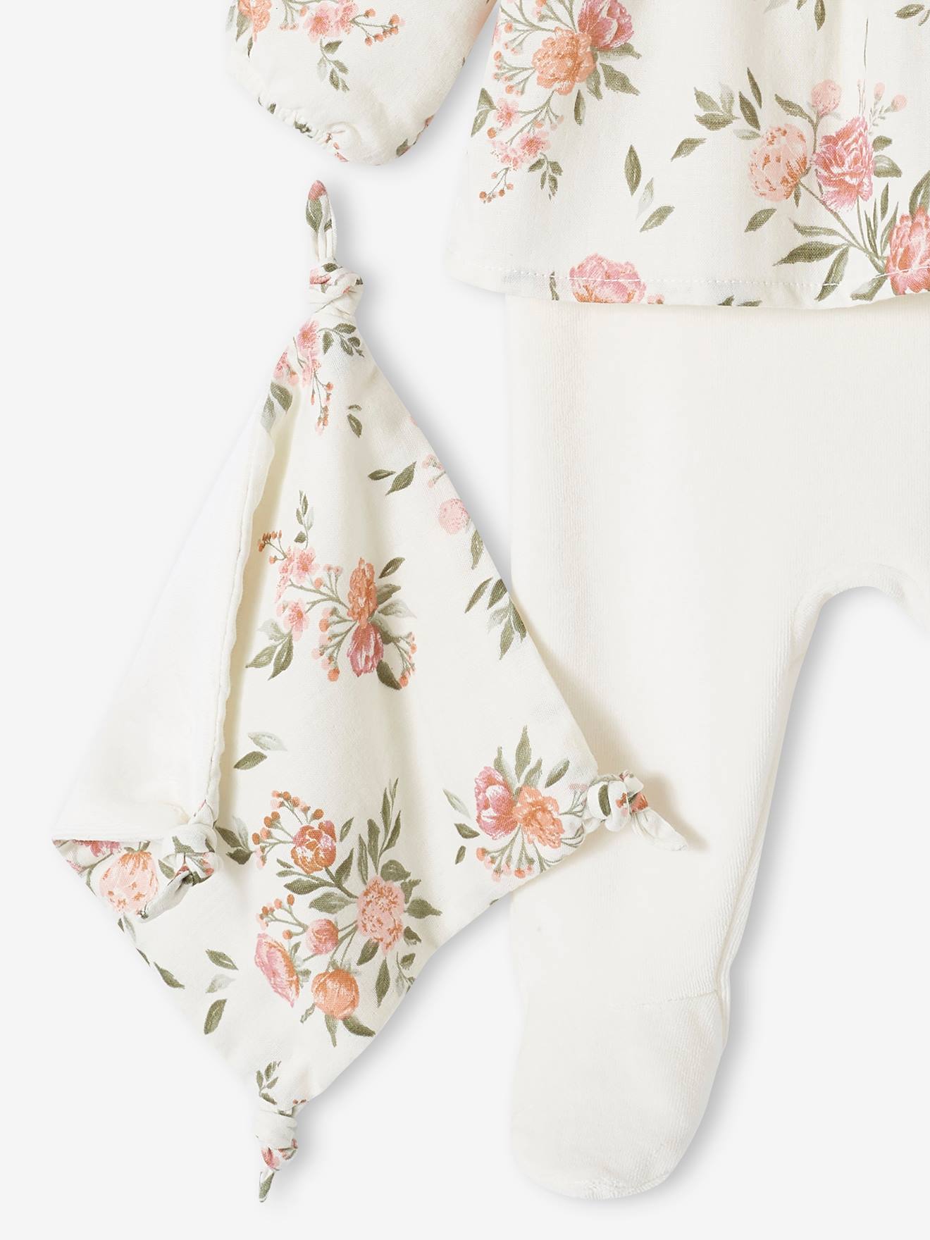 Pijama de bebê em algodão e chiffon de veludo com duudou bege combinando.