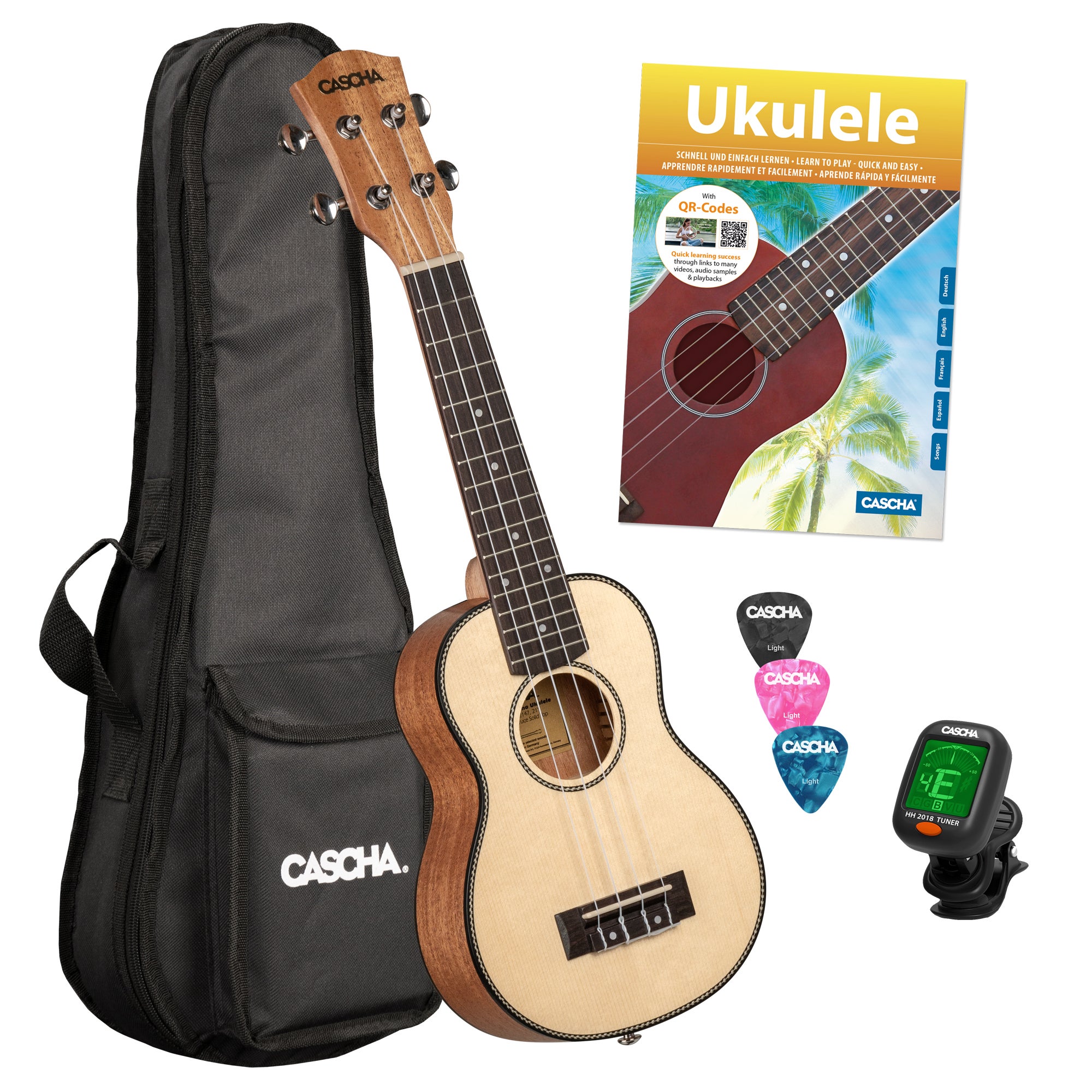 Cascha HH 2149 NL sopraan ukelele massief spar bovenblad + gigbag, tuner, boek