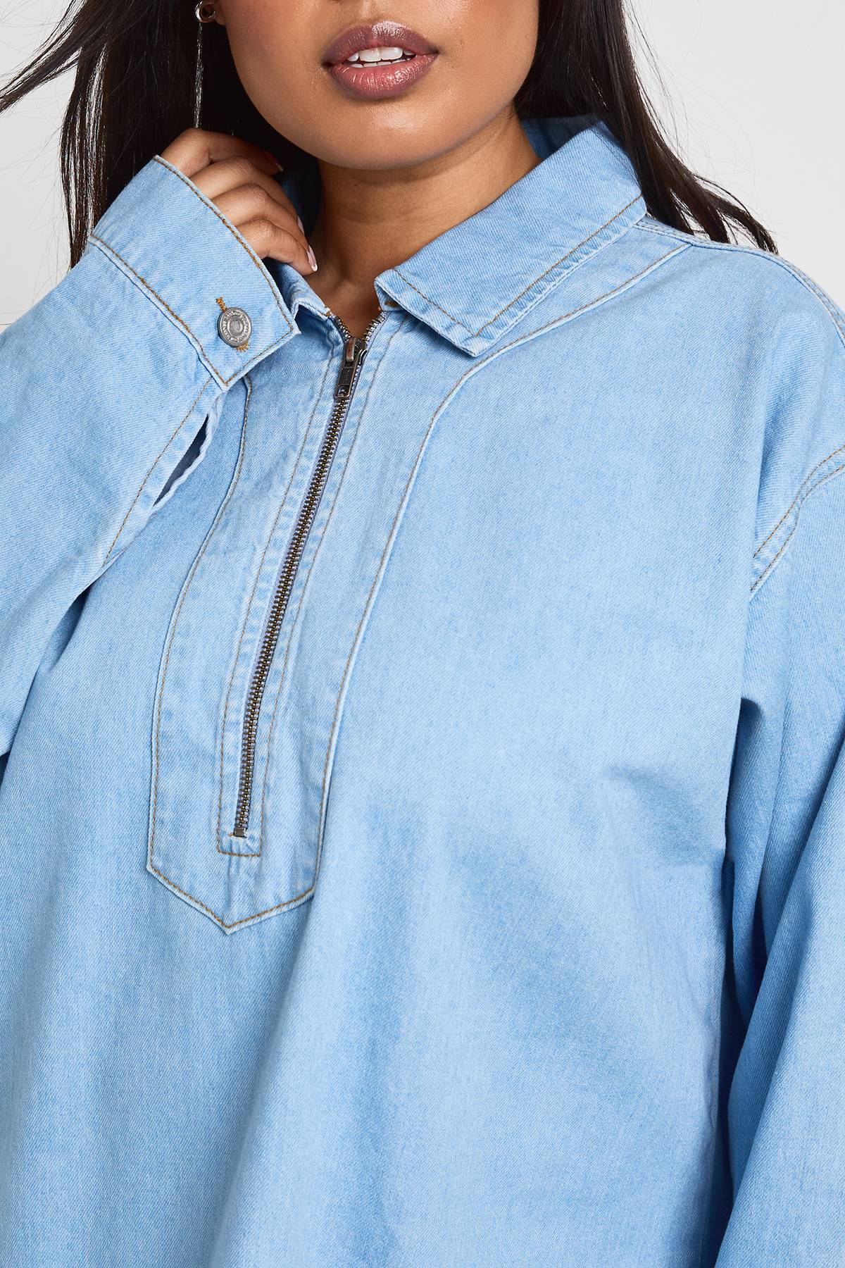 boohoo Robe Droite Grande Taille En Denim À Fermeture Éclair