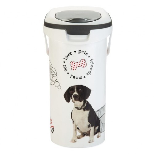 Recipiente branco para armazenar ração de cachorro com alça.