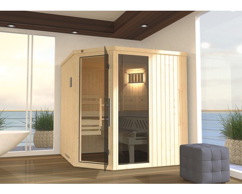 Weka Varberg GTF Gr.3 modulaire sauna inclusief 7,5 kW oven en digitale bediening met venster en grafietkleurige volledig glazen deur