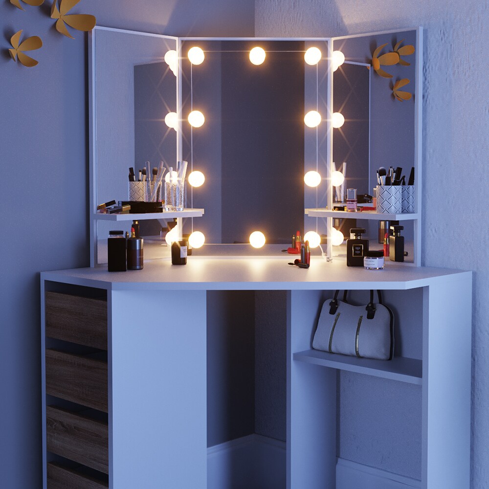 VICCO LED Eckschminktisch ARIELLE Kosmetiktisch Frisiertisch Weiß Eiche Kommode