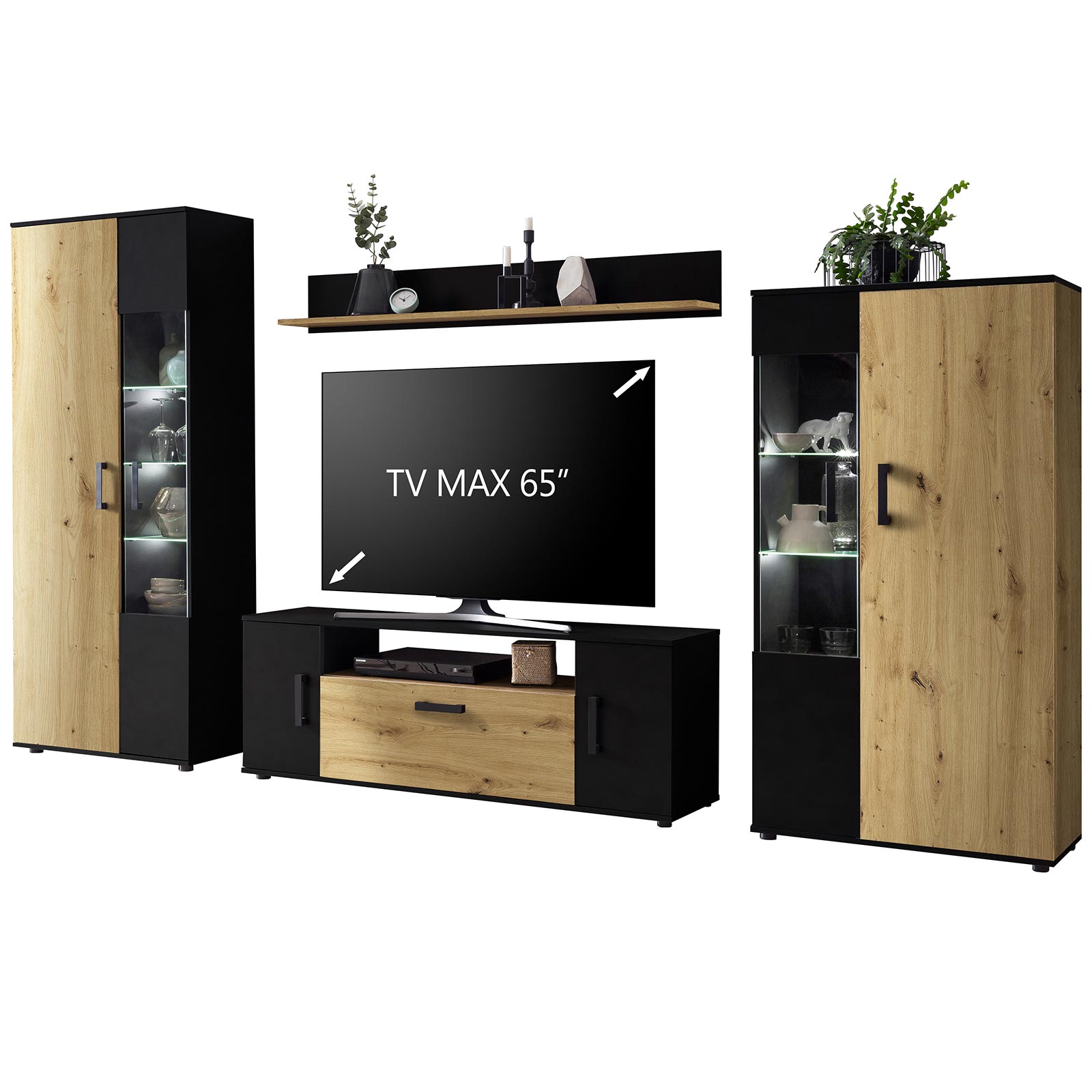 4-teilige Wohnwand DUO VA - Artisan Eiche - Schwarz - 340 cm