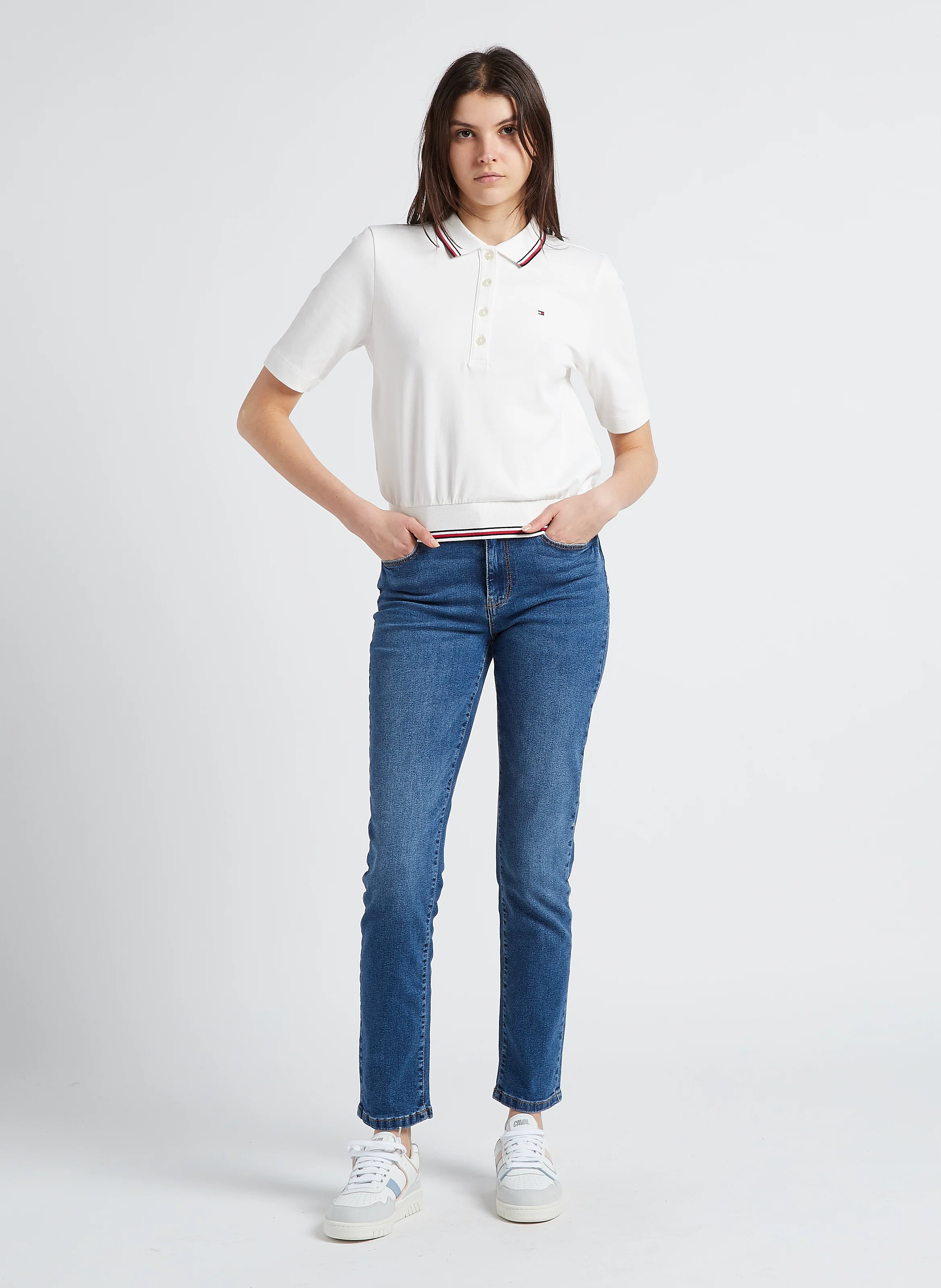 Jean droit taille mi-haute en denim de coton| Bleu