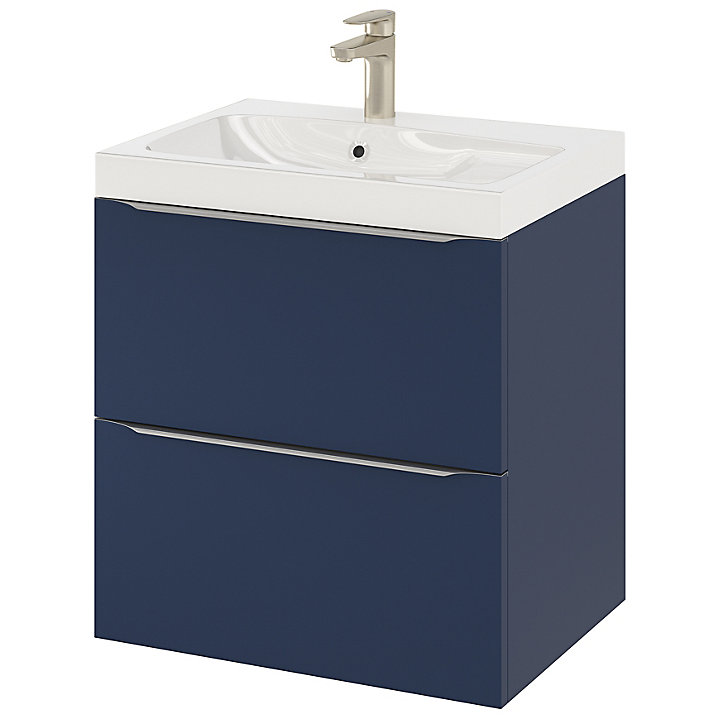 Ensemble salle de bains l.60 cm meuble à suspendre Imandra bleu nuit mat + plan vasque résine blanc