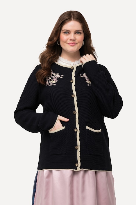Trachten-Strickjacke, Blütenstickerei, Rundhals, Langarm