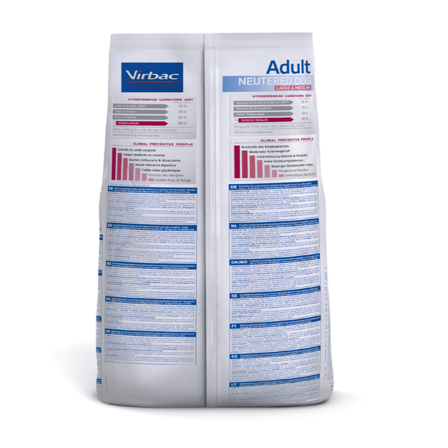 Alimento Virbac Veterinary HPM para cães adultos castrados de porte grande e médio.