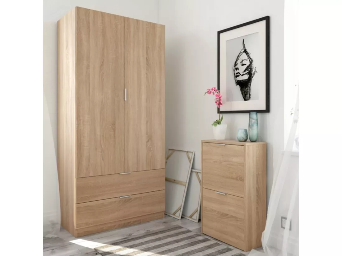 Étagère à chaussures Dmoretto, Étagère à chaussures peu encombrante avec 2 portes, Étagère à chaussures d'entrée, Armoire à chaussures, 50x22h76 cm, Chêne