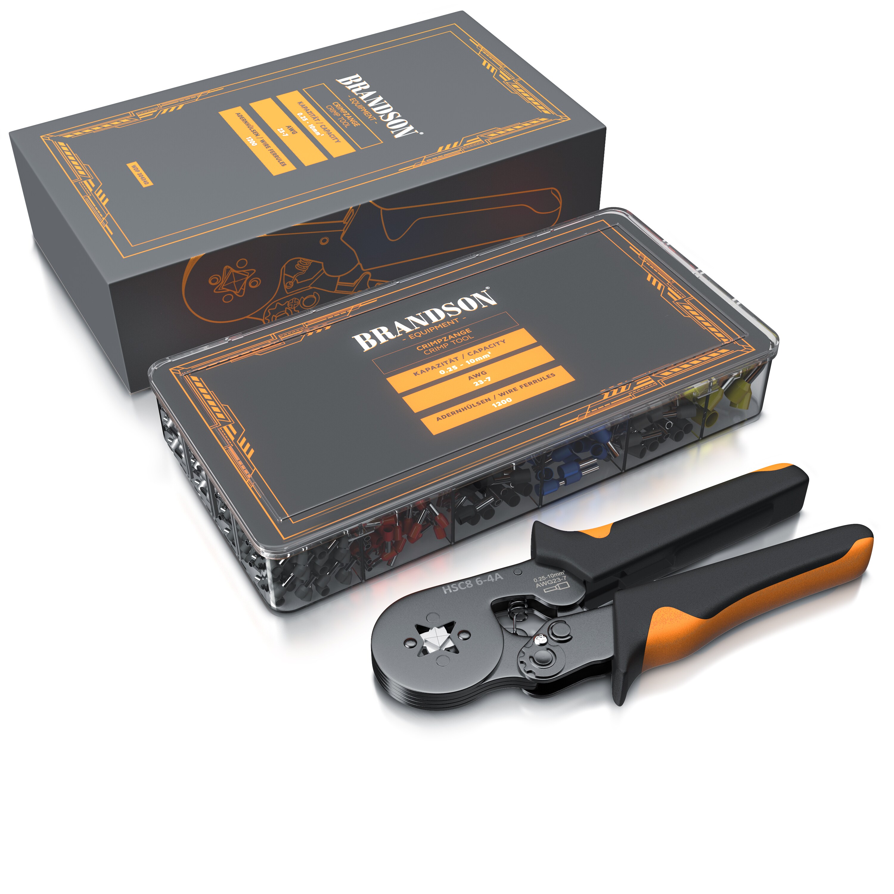 Brandson Crimpzange inkl. 1200 Aderendhülsen- Set - Profi Isolierhülsen Sortiment - Aderendhülsenzange - 0,25 mm2-10mm2