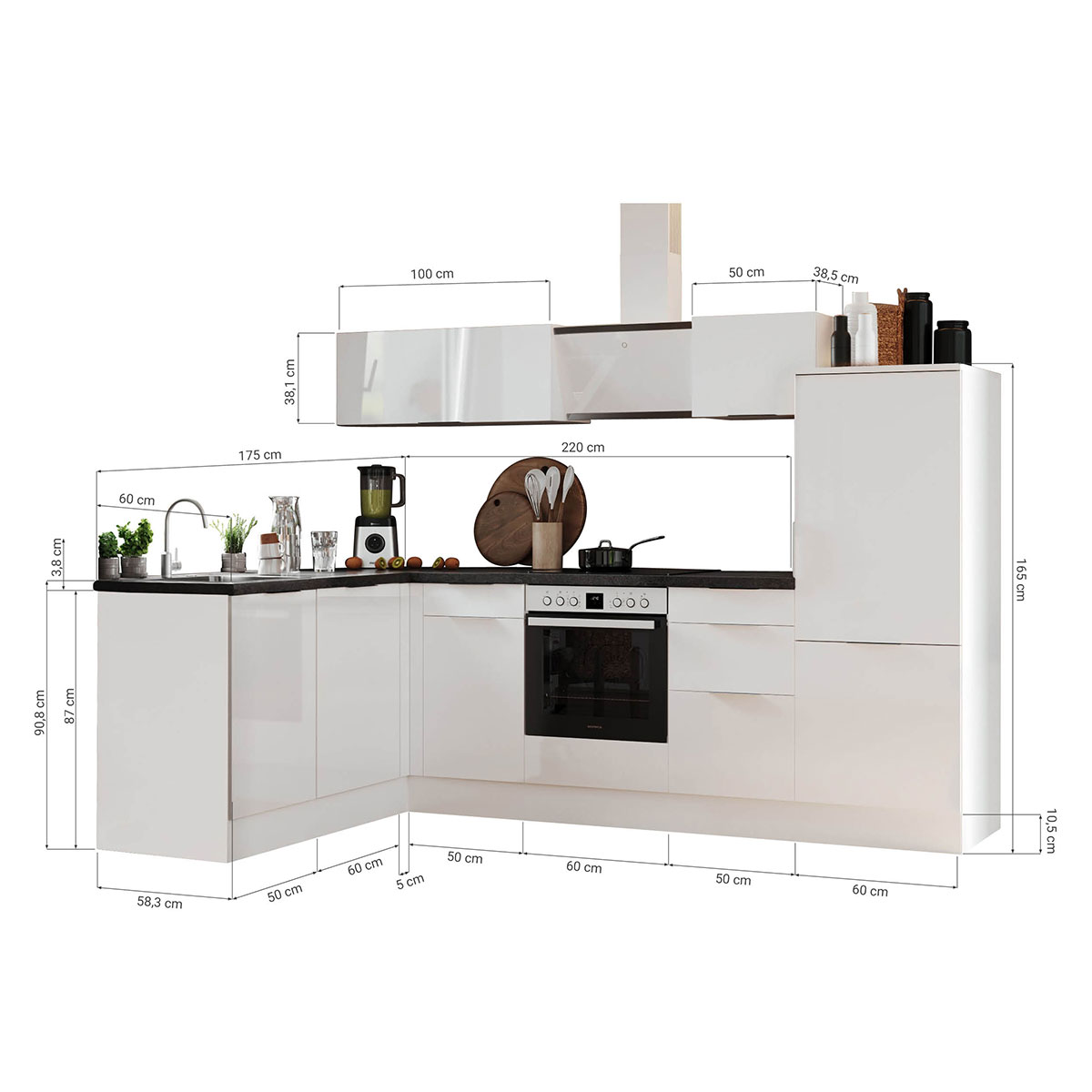 RESPEKTA Winkelküche - weiß Hochglanz - Artisan Eiche - mit E-Geräten - 280x175 cm