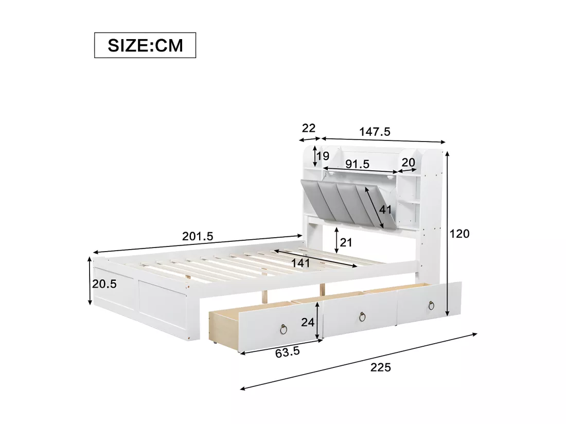 Lit double 140x200cm - en bois de pin et MDF - tête de rangement avec étagères ouvertes et 3 tiroirs - Blanc
