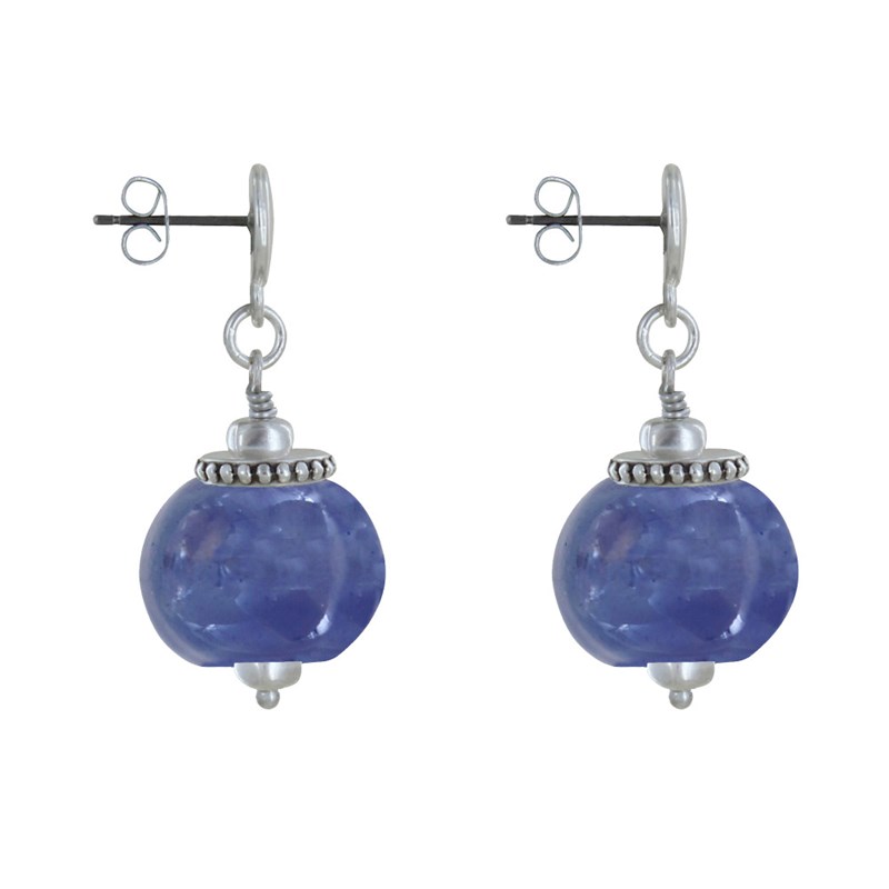 Boucles d'Oreilles Clous Métal Argenté et Grosses Perles en Céramique