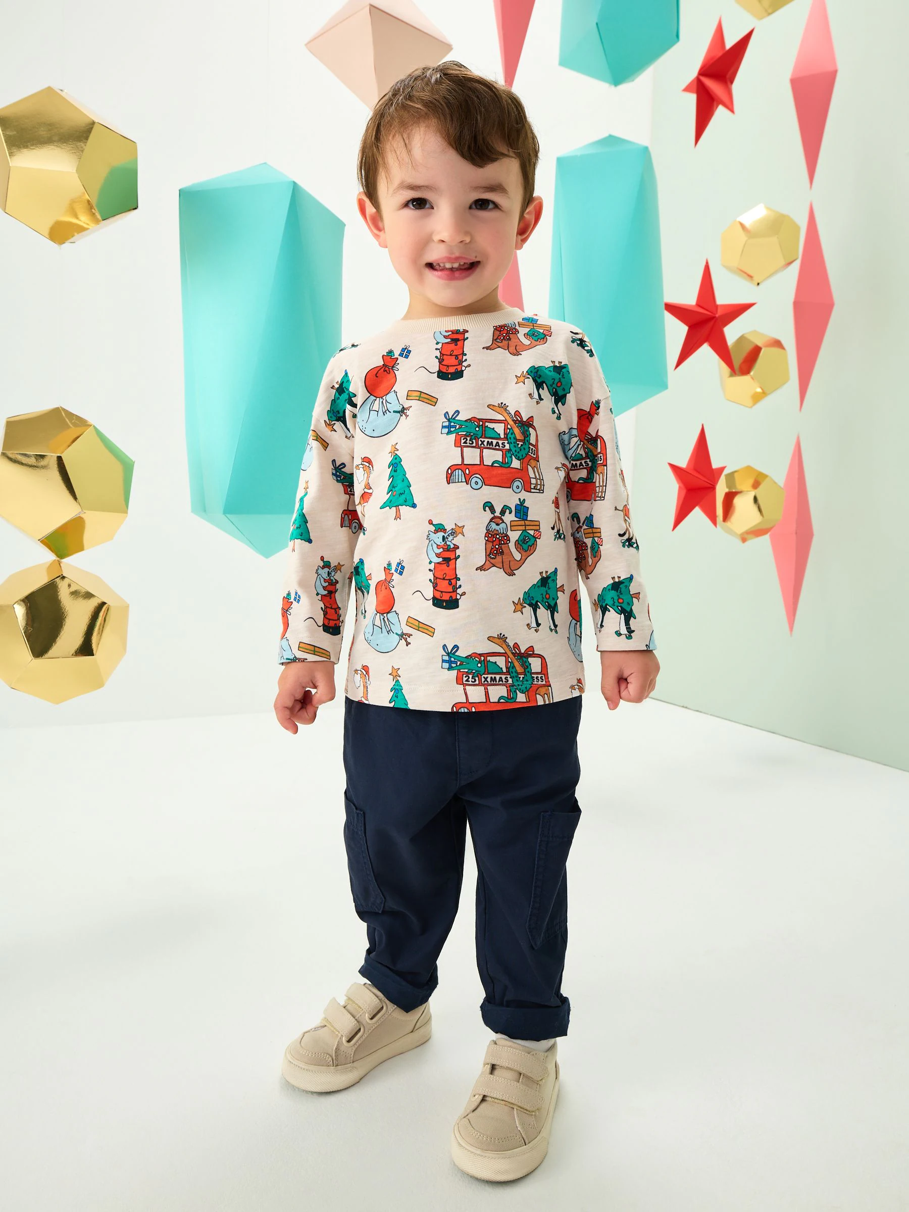 Kiezelkleurige all-over print - Kerst-T-shirt met lange mouwen (3mnd -8jr)