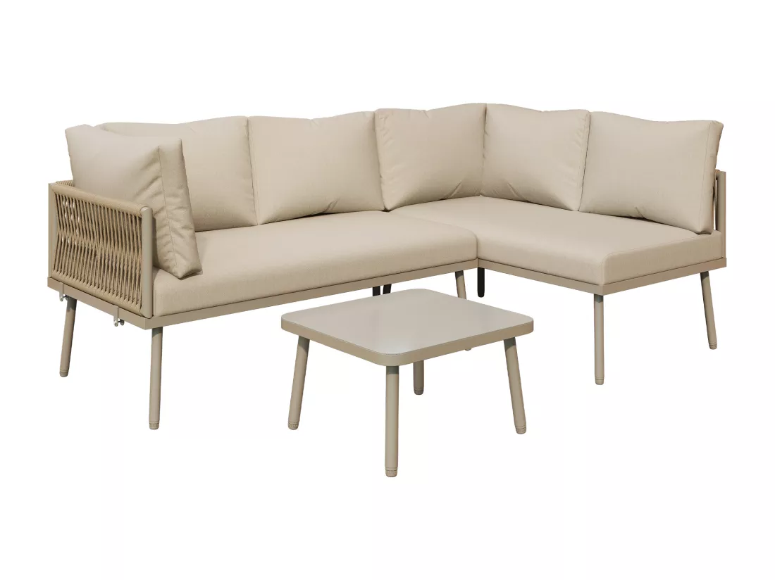 Ensemble de chaises longues de jardin en fer - Ensemble de meubles de jardin en forme de L - Avec coussins d'assise - Pieds réglables - 2 canapés + 1 table - Kaki