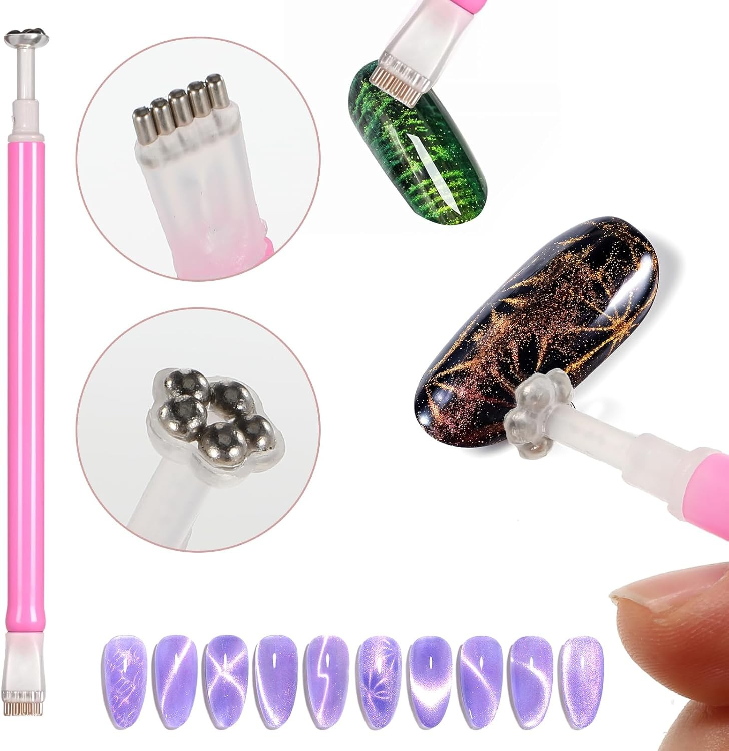 (14-tlg. Set) Nail Art 3D Cat Eye Look Magnet Stift Katzenaugen Nagel Design Werkzeug Set für UV Magnetlack - Bunt