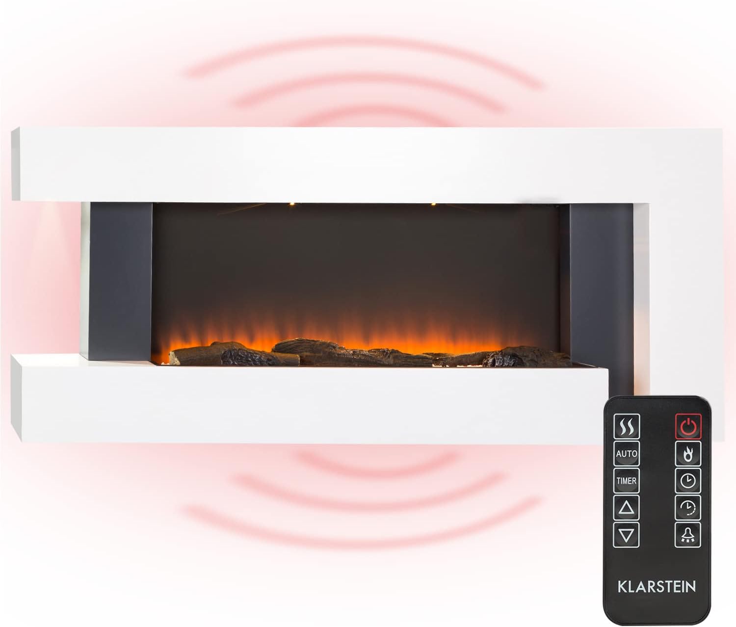 Klarstein Studio Light & Fire 2 - Elektrokamin mit LED-Flammenillusion, Elektro Kamin mit Timer-Funktion und Thermostat, 1000/2000W, MDF-Gehäuse, inkl. Fernbedienung, Ambient Down Light, weiß