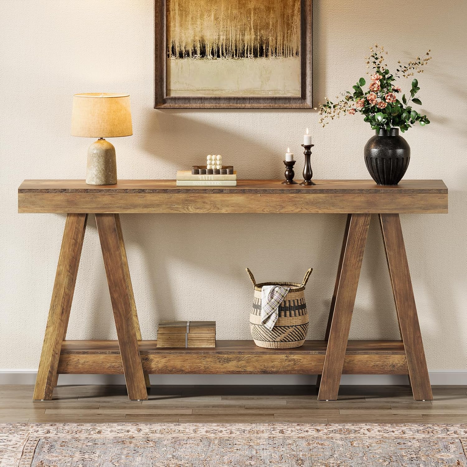 Tribesigns 140cm Farmhouse-Konsolentisch mit Stauraum, rustikaler brauner Sofatisch aus Holz für Eingangsbereich, Foyer, Flur, Wohnzimmer (Helles Eichenbraun)