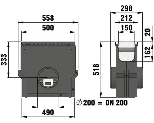 Hauraton Recyfix PRO 150 inlaatbox met gecoat frame en gegalvaniseerde emmer 500 mm x 150 mm x 518 mm