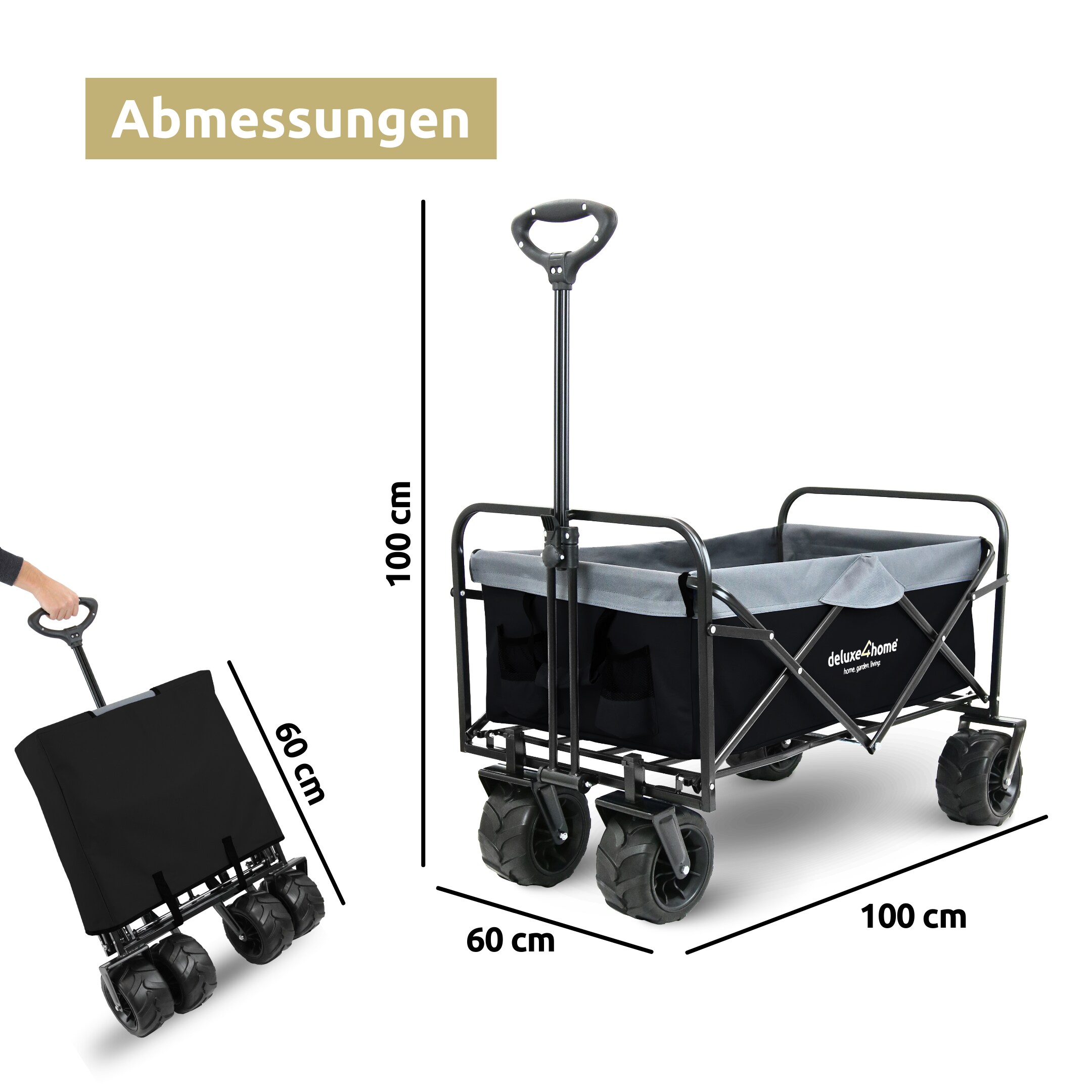 deluxe4home® Bollerwagen mit breiten Reifen | Blau/Grau