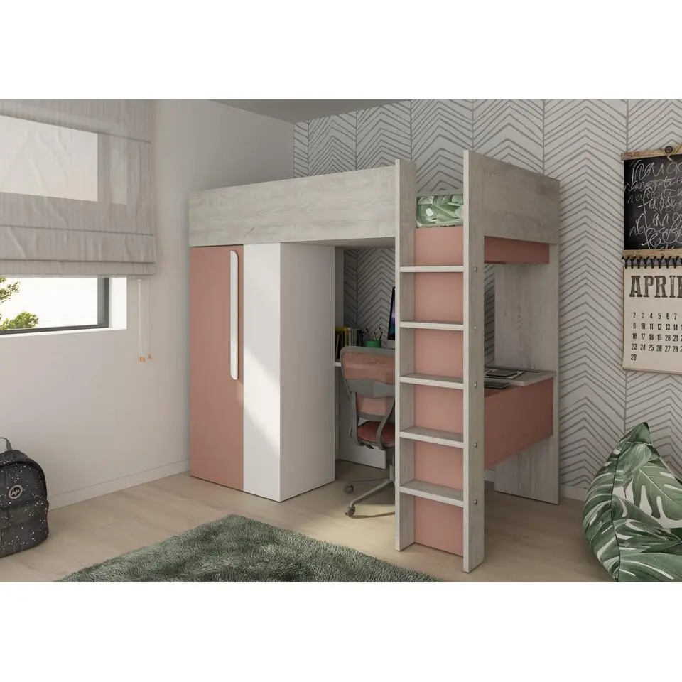 Hoogslaper Beau 90x200 met bureau & kast - oudroze