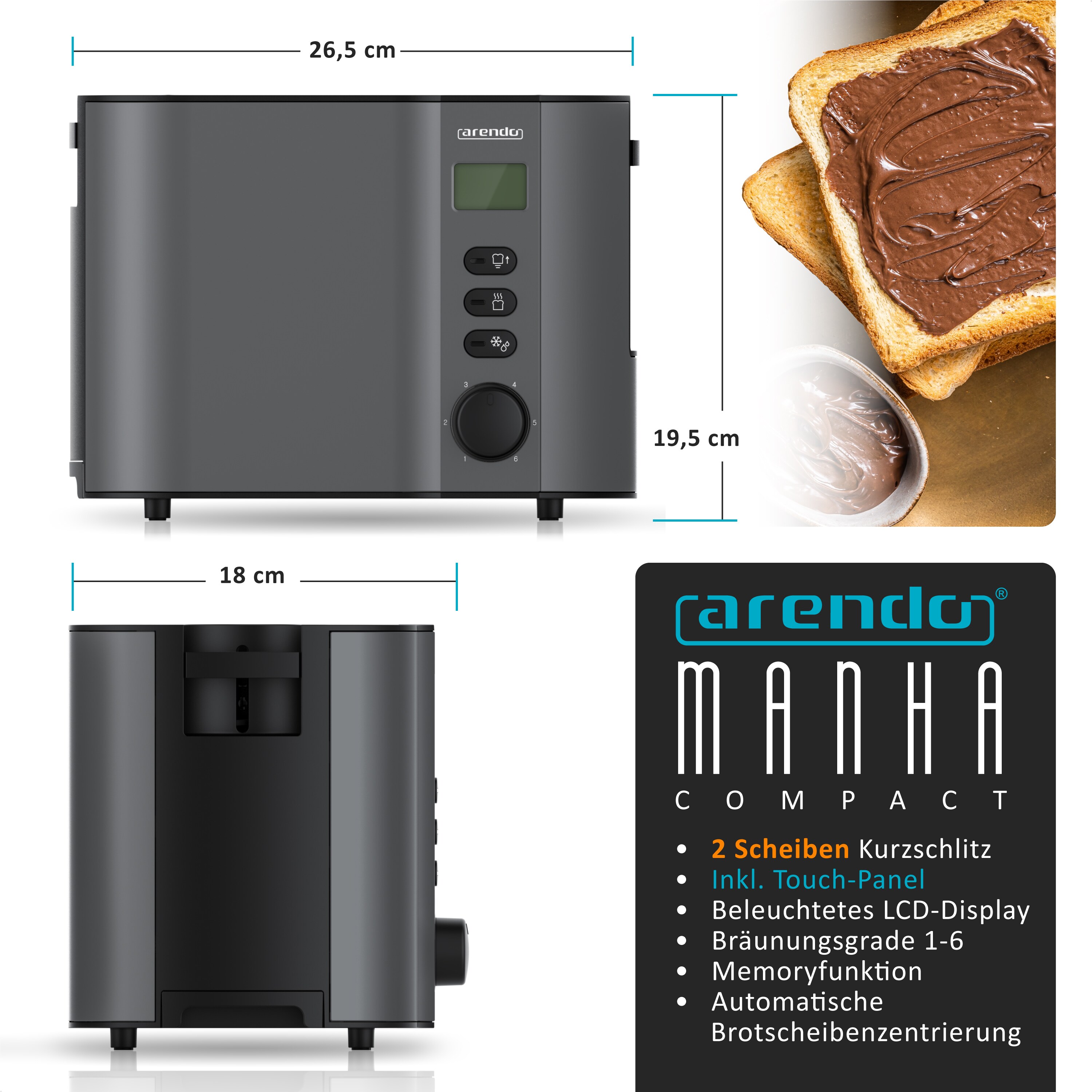 Arendo MANHA Toaster mit Restzeitanzeige, 2 Toastschlitze, integrierter Brötchenaufsatz, 6 Stufen, Auftaufunktion, 800W, Grau