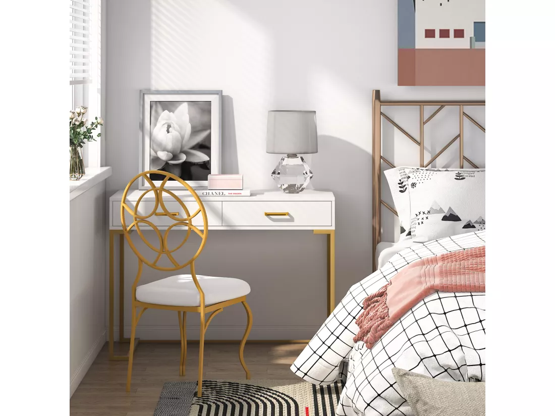 Tribesigns Bureau d'ordinateur, 100 cm Bureau avec Rangement, Table de Bureau, Simple et Moderne, Cadre en méta pour Bureau, Chambre, Blanc/Doré