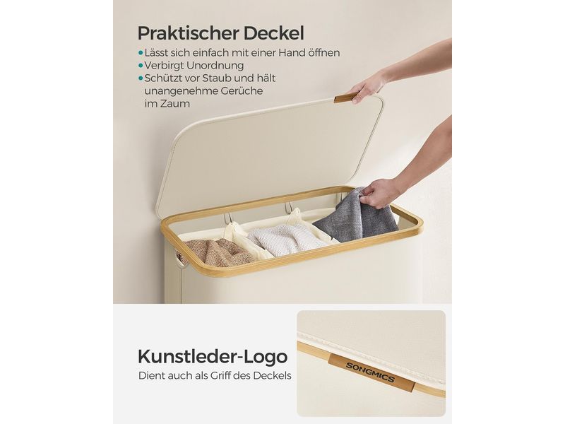 Songmics Wäschekorb  130 l, Beige Wäschesammler mit drei Fächern