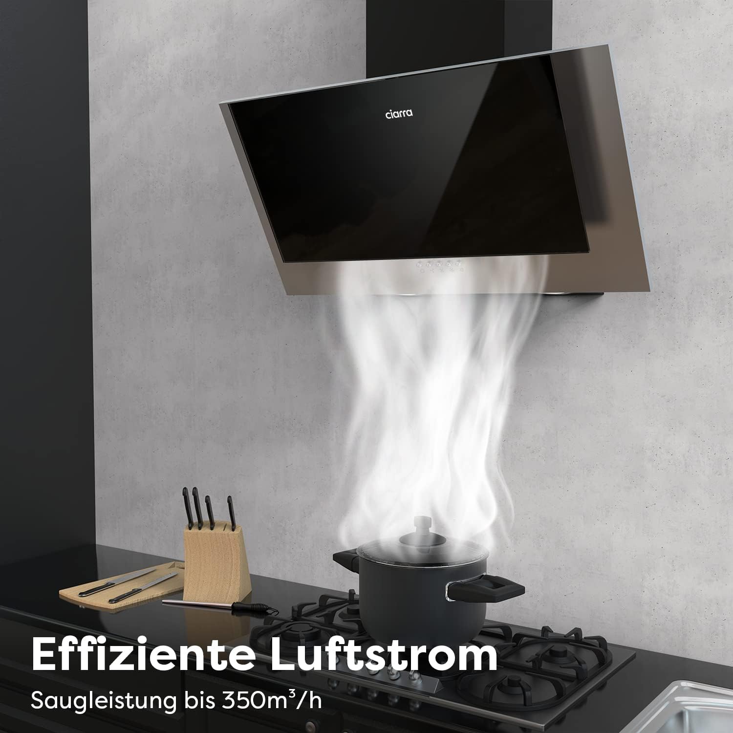 CIARRA CBCB6736C A++ Dunstabzugshaube 60 cm Umluft Kopffreie Schräghaube 350 m³/h 3 Stufen Dunstabzug CBCF002X2 Kohlefilter LED-Beleuchtung Abluft Abzugshaube Schwarz