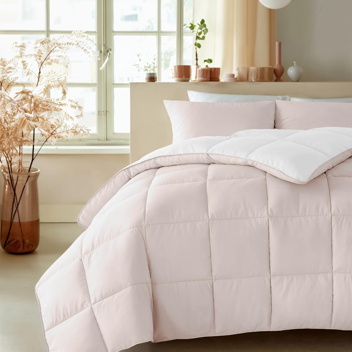 Zelesta Premiumbett – 2in1 Steppbett mit festem Bezug – Waschbar & Hypoallergen – Perkal Baumwolle – Bettdecke ohne Bezug (Silk & Coconut Cream, 140x200)