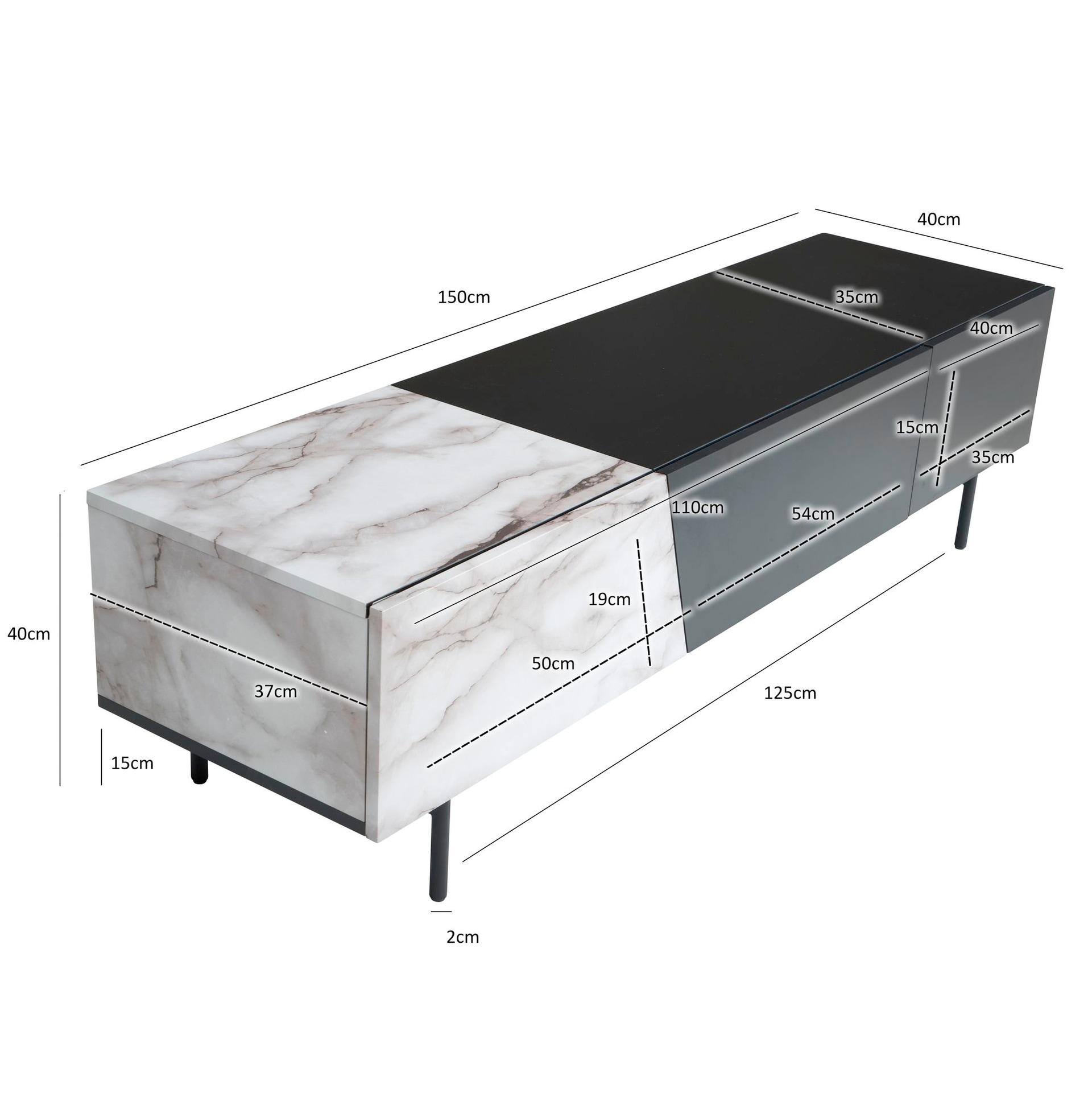 Lowboard 150 x 40 cm Eiche-Dekor/Marmor-Optik