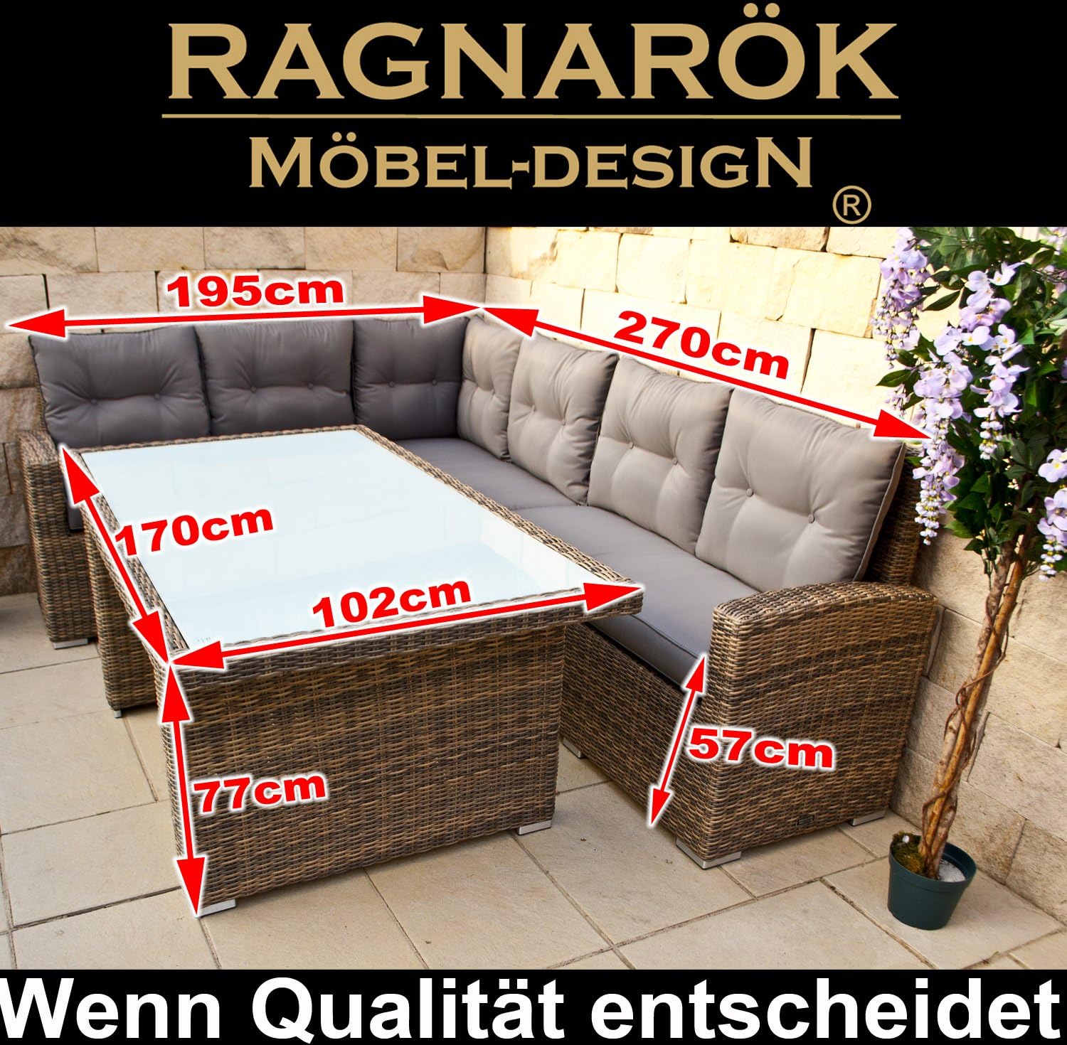 Ragnarök-Möbeldesign DEUTSCHE Marke - EIGNENE Produktion 8 Jahre GARANTIE auf UV-Beständigkeit PolyRattan Gartenmöbel Tisch + Dinning Lounge