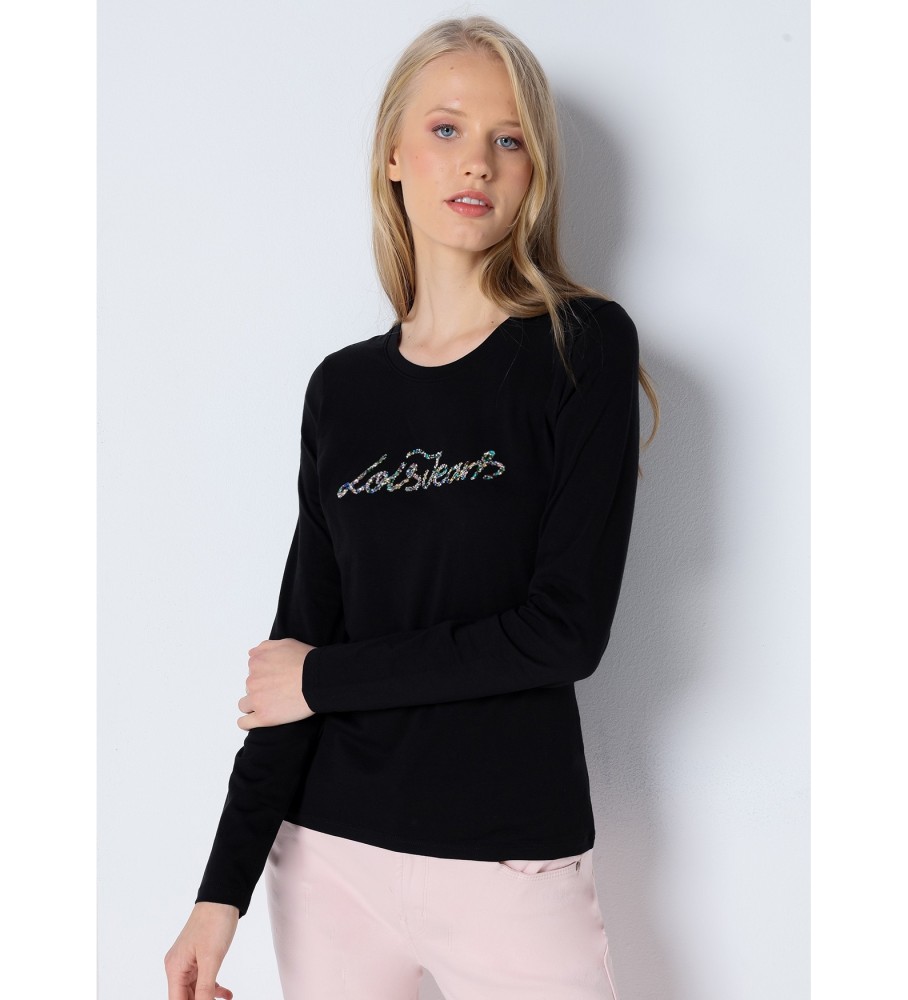 Camiseta básica de manga comprida Lois com logo e pedras preciosas - Preta