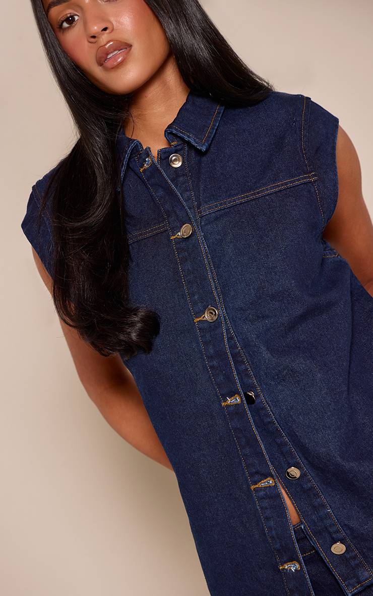 Bleu Indigo Haut En Jean Sans Manches À Épaules Tombantes Avec Boutonnage Pour Femmes Grandes Tailles