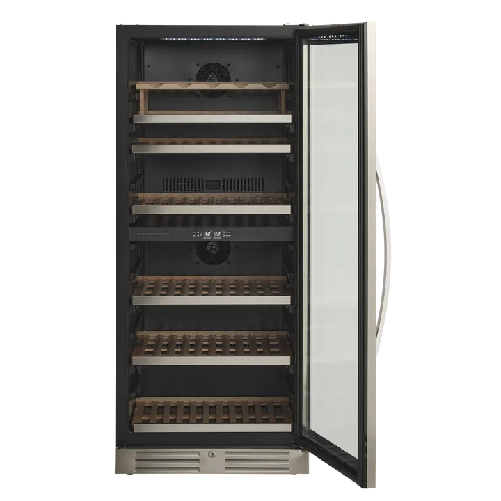 Scandomestic SV 104 X - Vinkøleskab - 2 Zoner - bredde: 59.5 cm - dybde: 72.4 cm - højde: 140 cm - 313 liter - rustfrit stål/sort - Optil 90 flasker