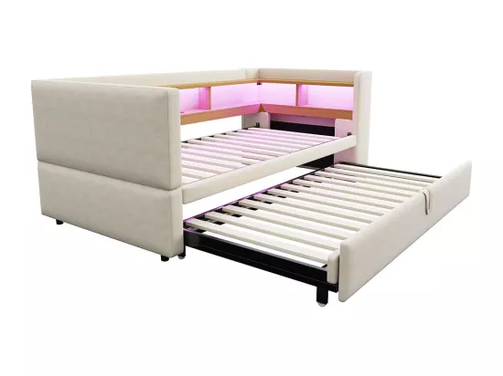 Lit gigogne extensible 90/180×190 équipé de lampes LED de prises de courant et de nombreux compartiments de rangement lit rembourré beige