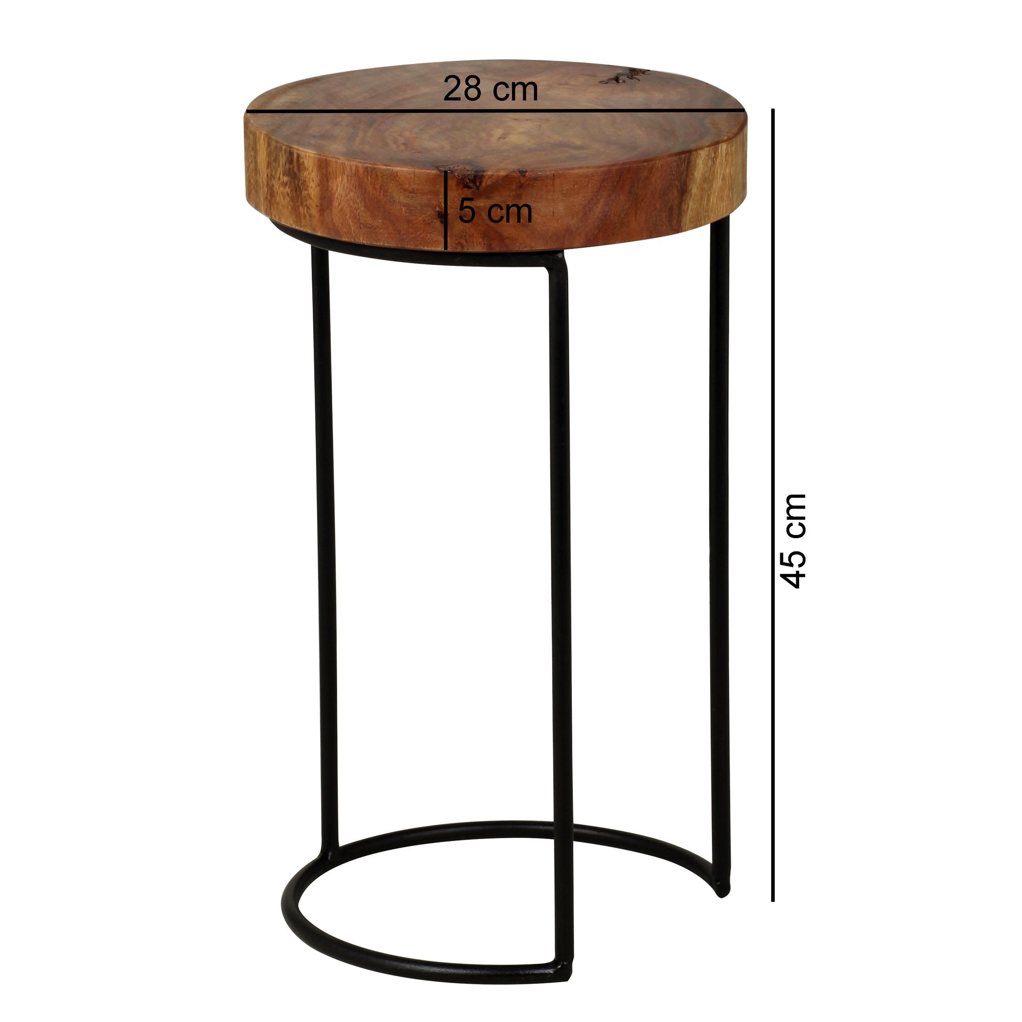 KADIMA DESIGN Beistelltisch INDI Massivholz: Baumstamm-Tischplatte, Metallgestell, Landhausstil, handgefertigt