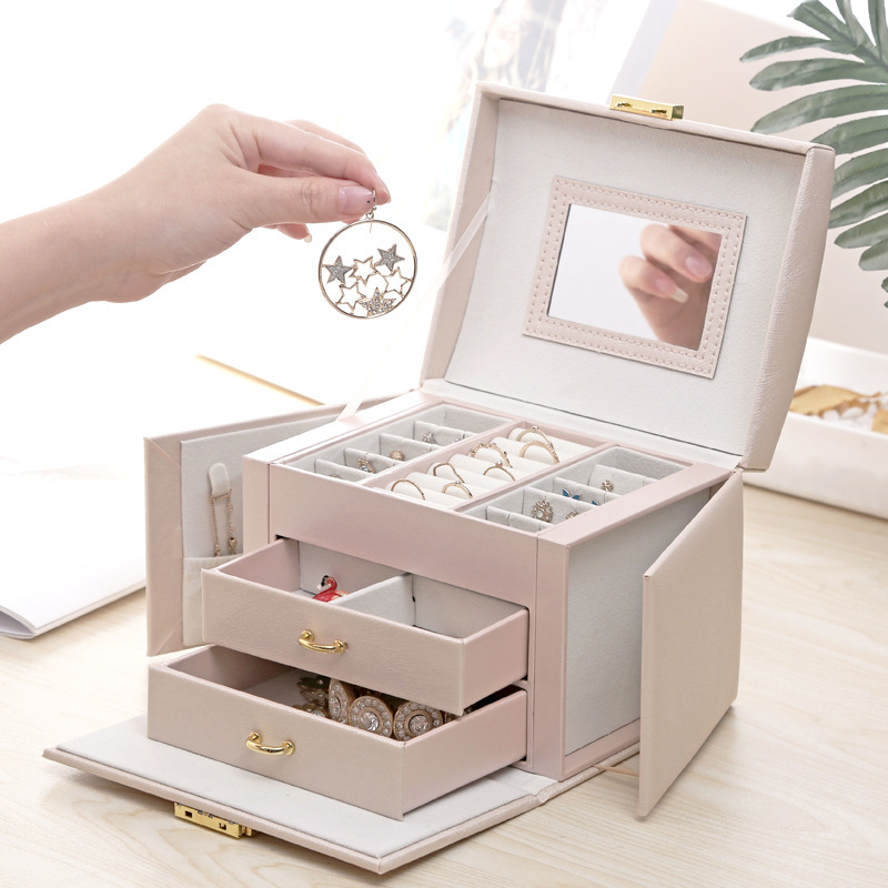 (175x135x130mm) Leder Schmuckschatulle mit Spiegel Aufbewahrungsbox Organizer für Ringe / Ohrringe / Armbänder - Weiss